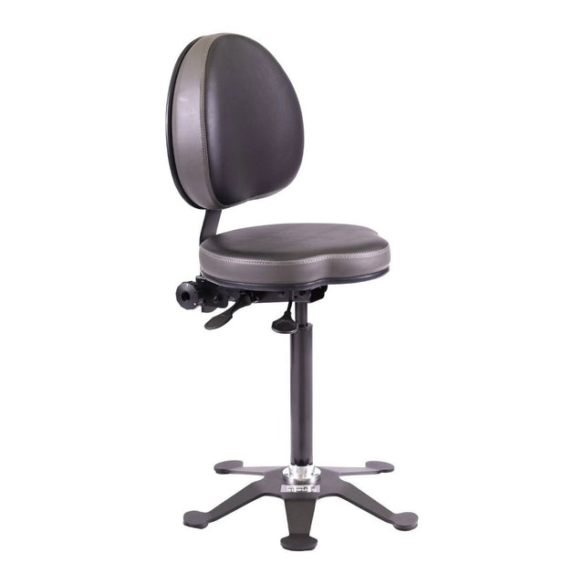 Siège assis-debout Synetik TA190 en vinyle noir et gris, avec dossier et base fixe à cinq branches sur patins.