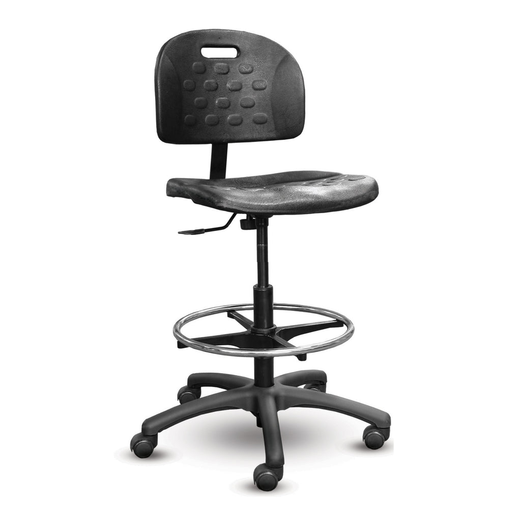 Shoptech 2000-12-SK black polyurethane stool, armless, with a chrome footring and casters