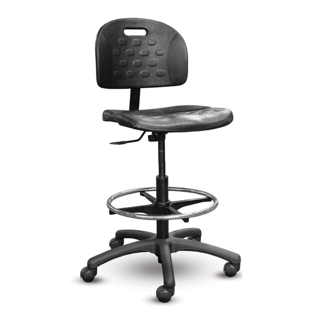 Shoptech 2000-12-SK black polyurethane stool, armless, with a chrome footring and casters
