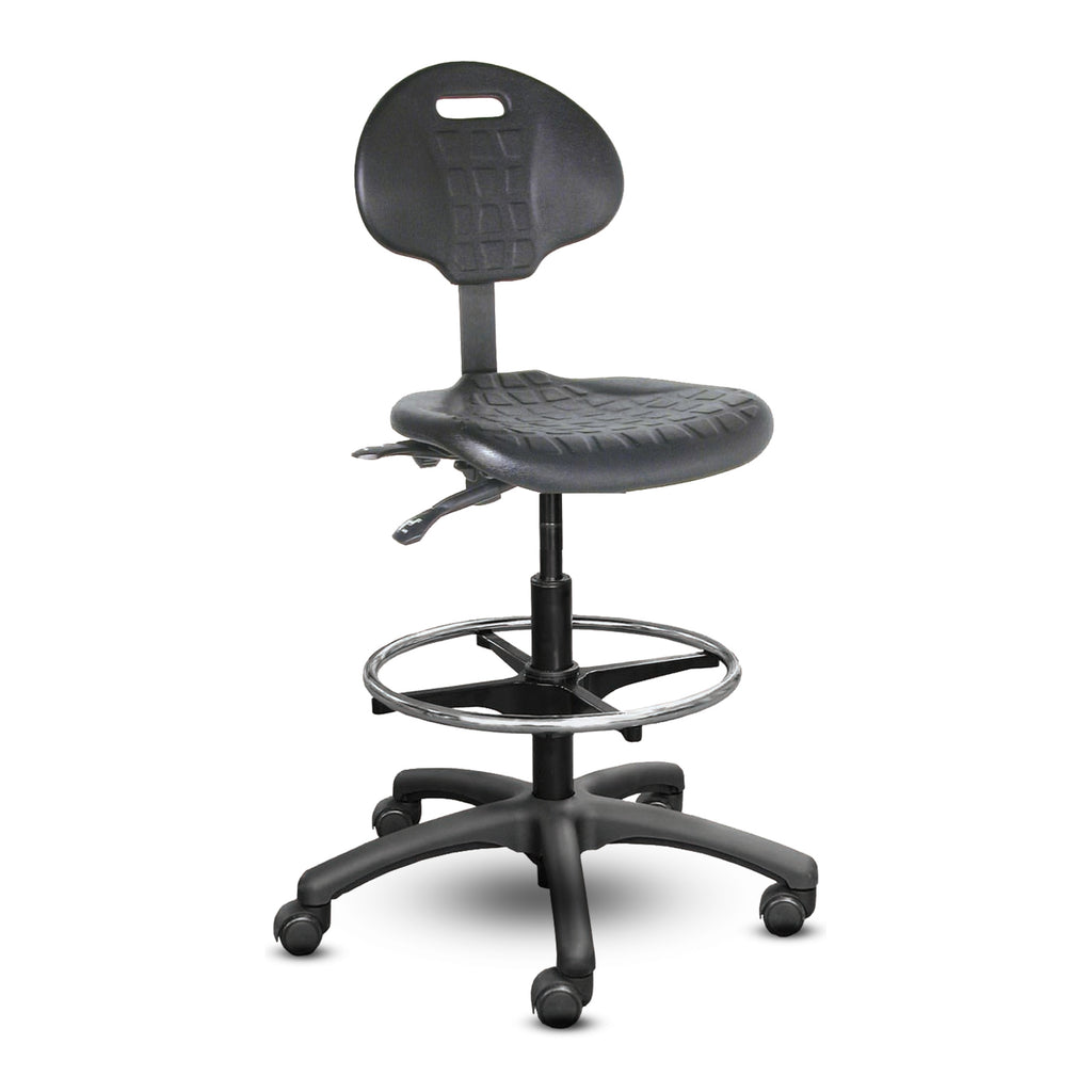 Tabouret Shoptech 2600-14-SK en polyuréthane noir, sans accoudoirs, avec repose-pieds chromé et roulettes