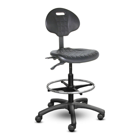 Tabouret Shoptech 2600-14-SK en polyuréthane noir, sans accoudoirs, avec repose-pieds chromé et roulettes