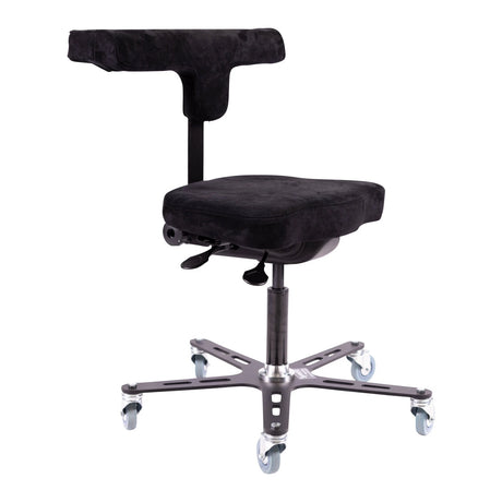 Chaise Synetik VEGA-T Soudure à revêtement noir, avec appui thoracique et dorsal en T et base métallique à roulettes.