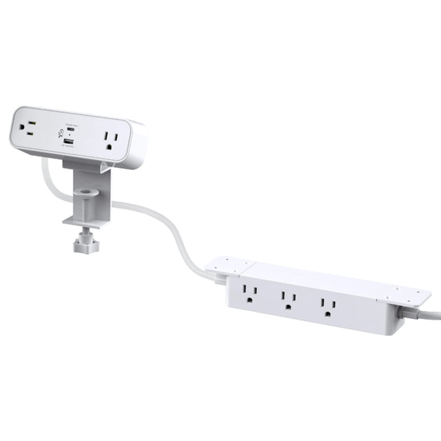 White Workstation Power Combo with clamp-on desktop power dock and under-desk power bar