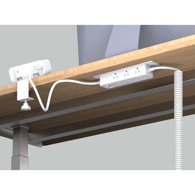 White Workstation Power Combo installed on a desk with a coiled power cord