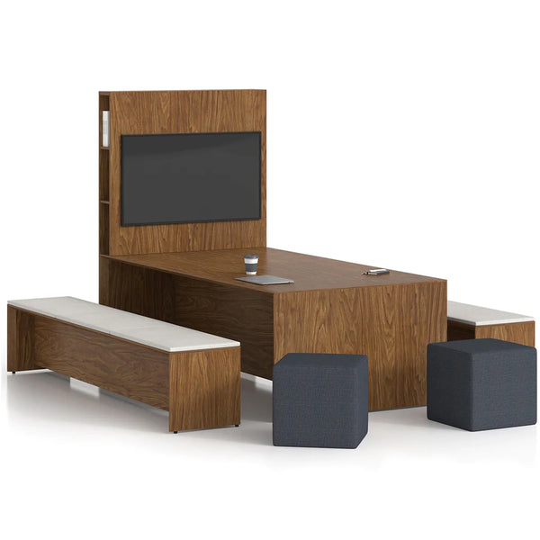 Mobilier de bureau droit collaboratif avec bancs et panneaux médias - Série Nex
